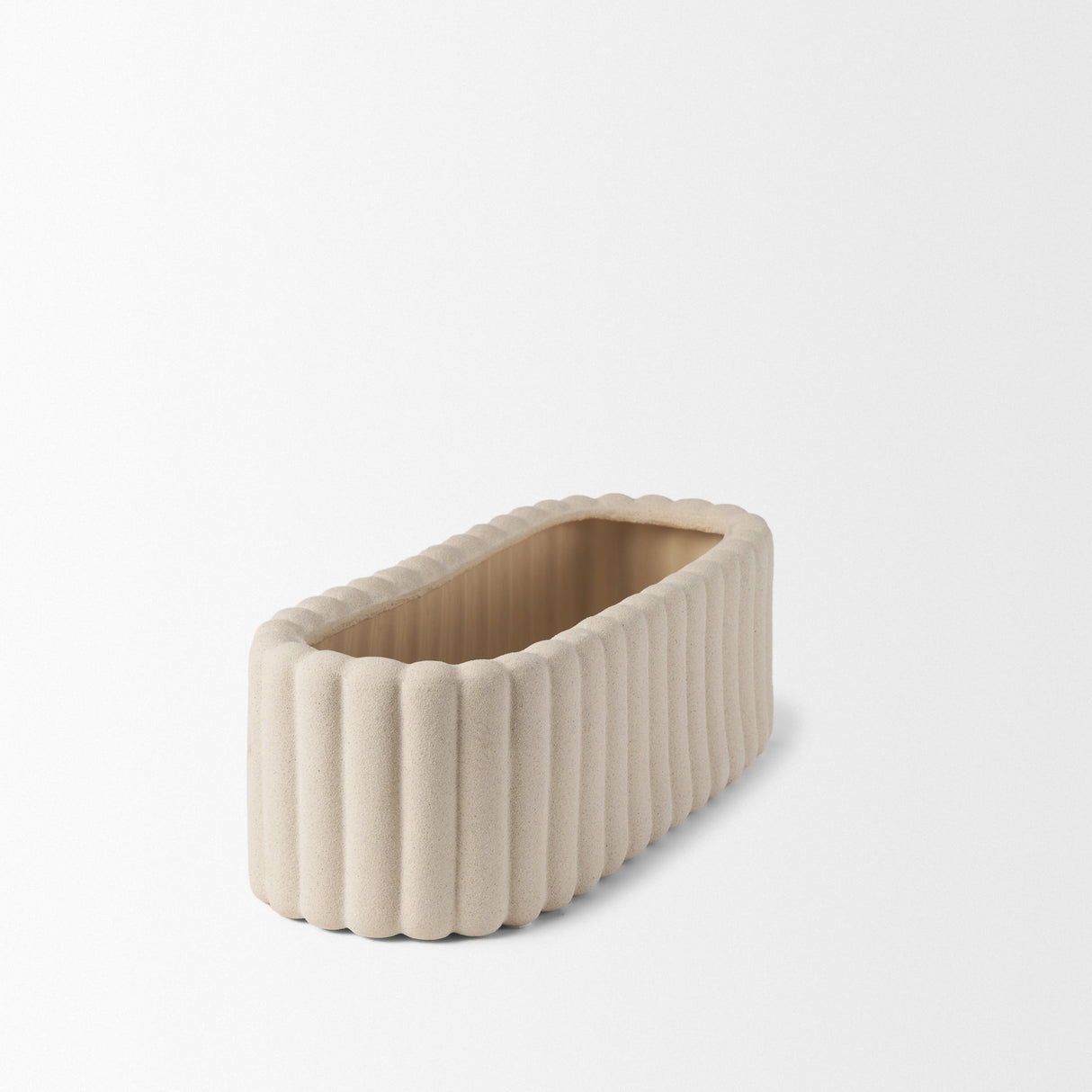 Mira Wide Textured Blush Beige Fluted Ceramic Vase by Mercana at Eve Furniture