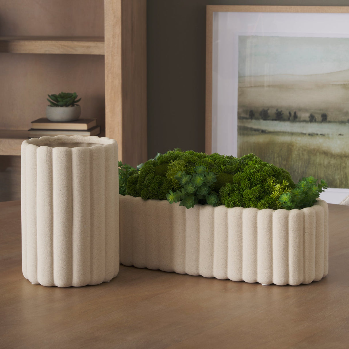 Mira Wide Textured Blush Beige Fluted Ceramic Vase by Mercana at Eve Furniture