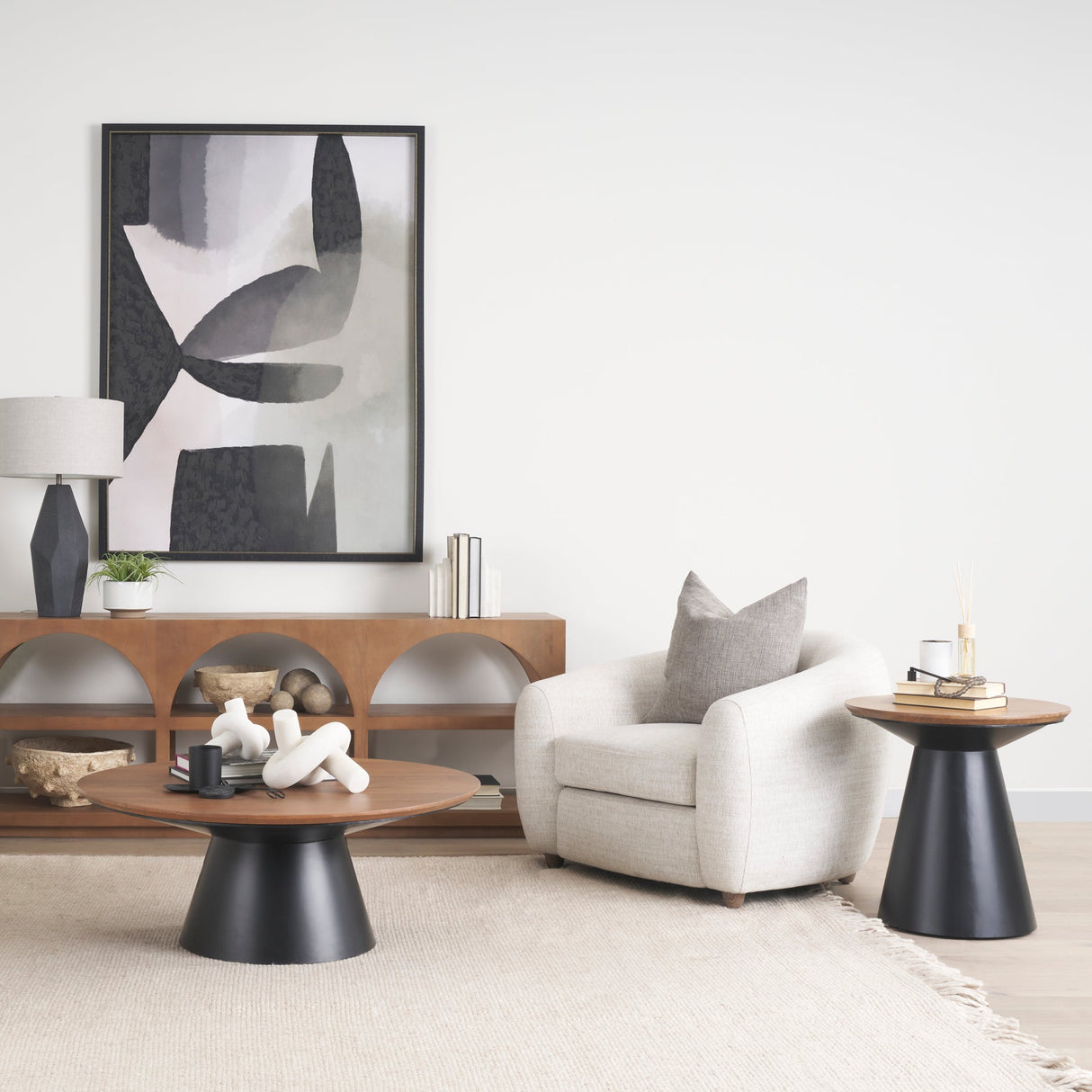 Mitchell 22.0L x 22.0W x 23.0H Black Metal Pedetal Base with Brown Wood Top Side Table by Mercana at Eve Furniture
