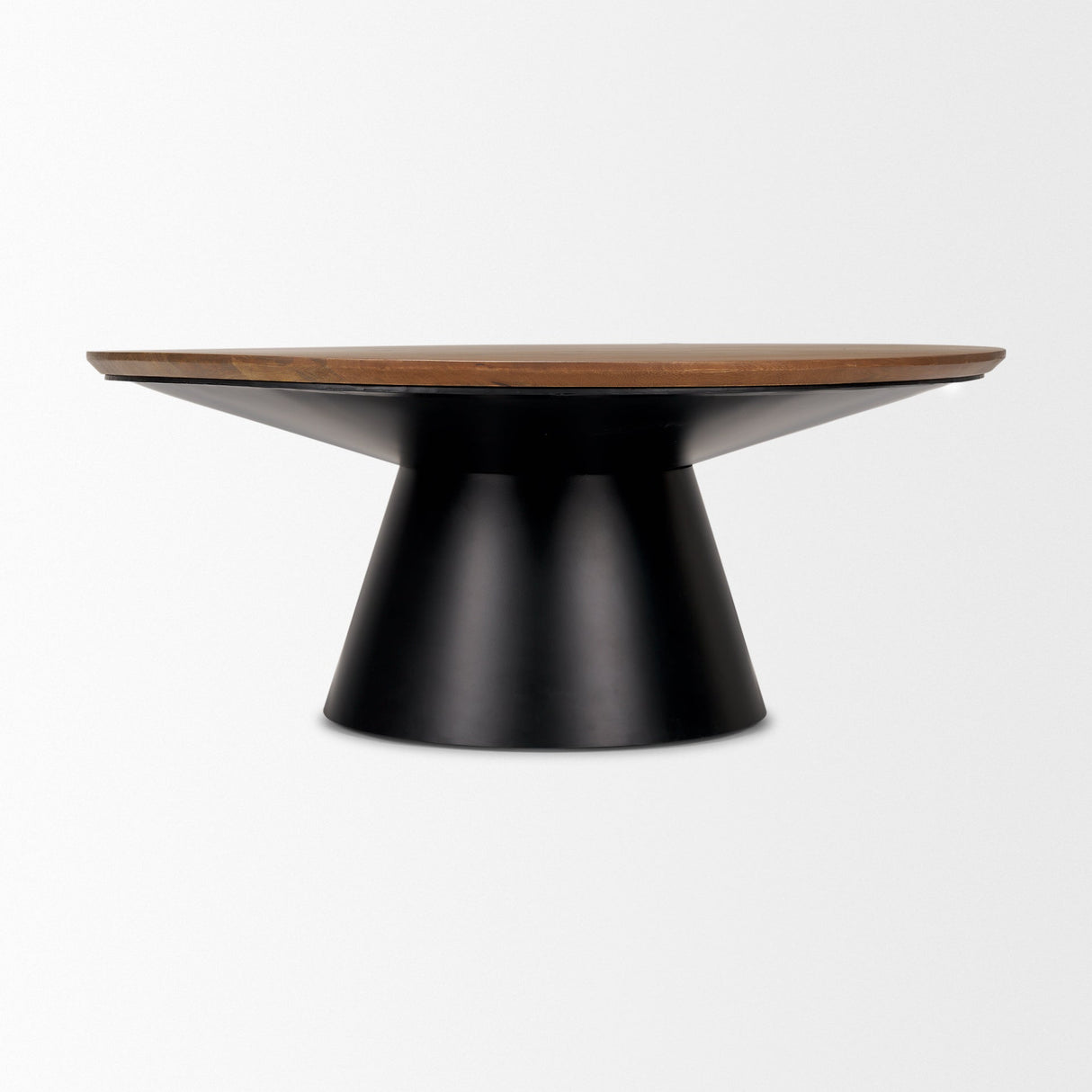 Mitchell 40.0L x 40.0W x 16.0H Black Metal Pedestal Base with Brown Wood Top Coffee Table by Mercana at Eve Furniture