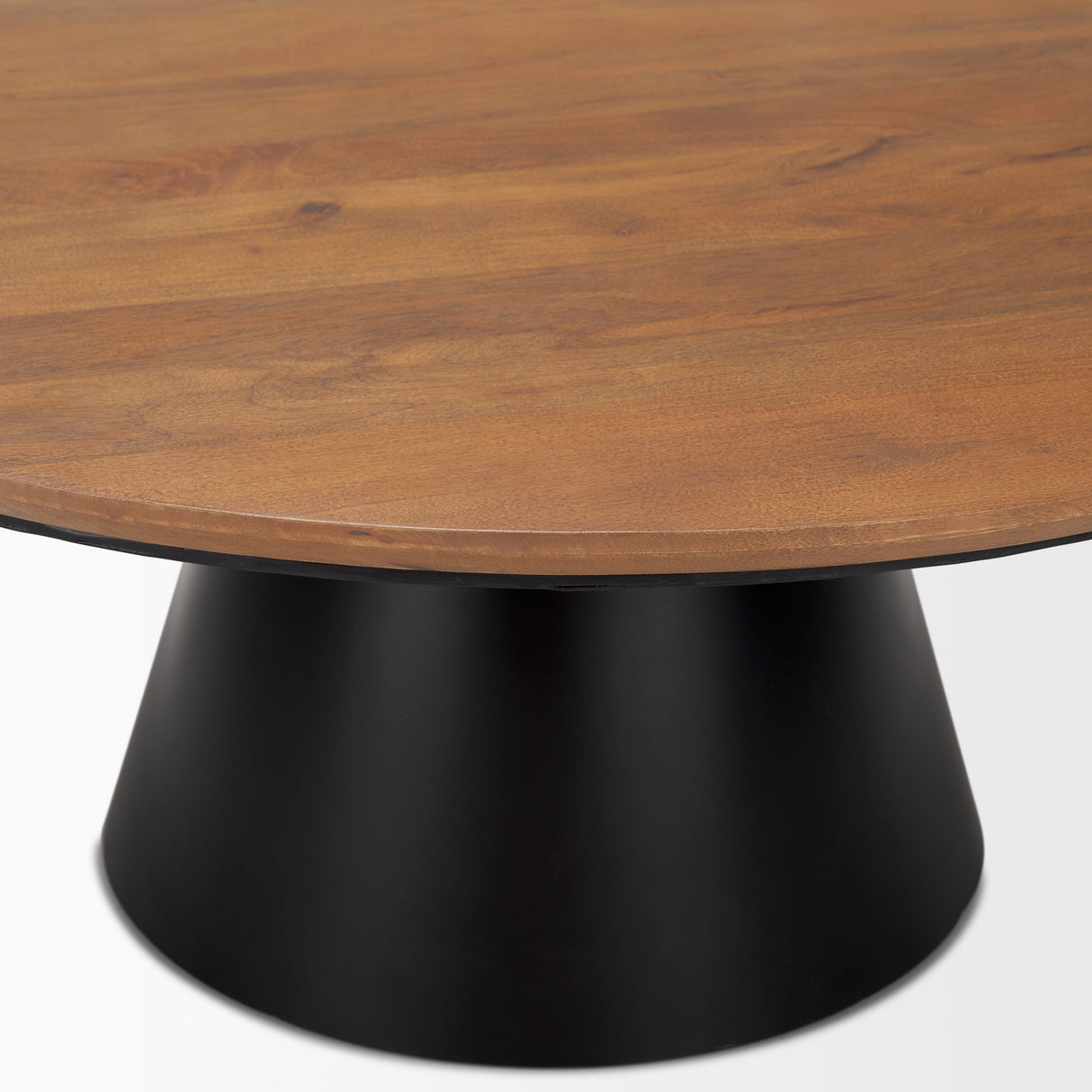 Mitchell 40.0L x 40.0W x 16.0H Black Metal Pedestal Base with Brown Wood Top Coffee Table by Mercana at Eve Furniture