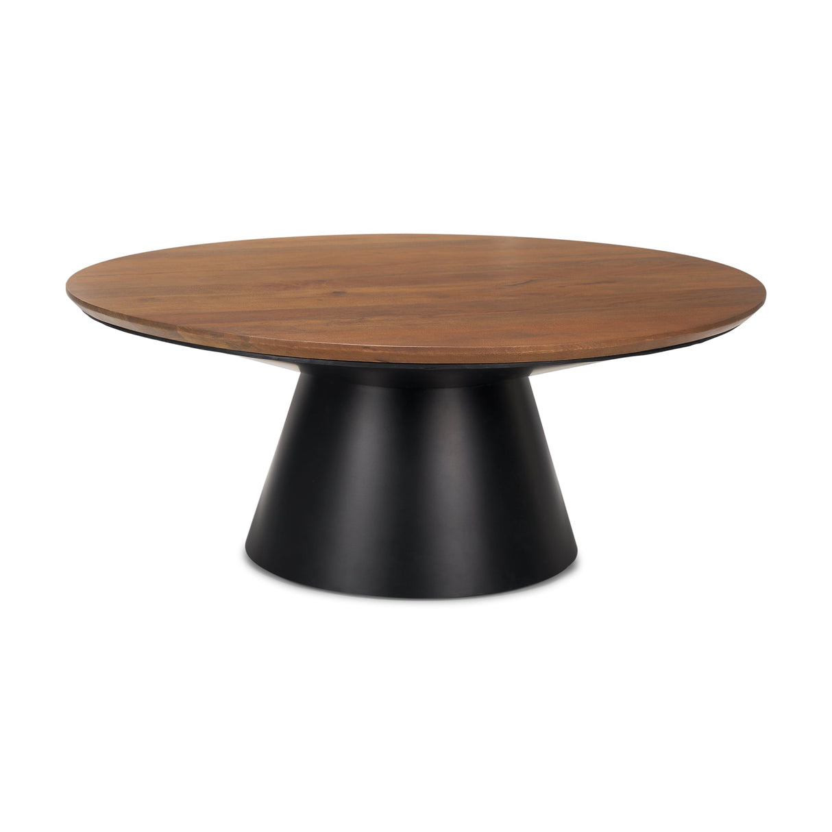 Mitchell 40.0L x 40.0W x 16.0H Black Metal Pedestal Base with Brown Wood Top Coffee Table by Mercana at Eve Furniture