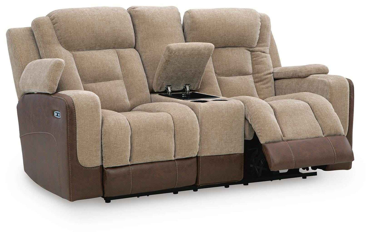 Mixed Motion Brownstone Power Reclining Loveseat with Console by Ashley at Eve Furniture