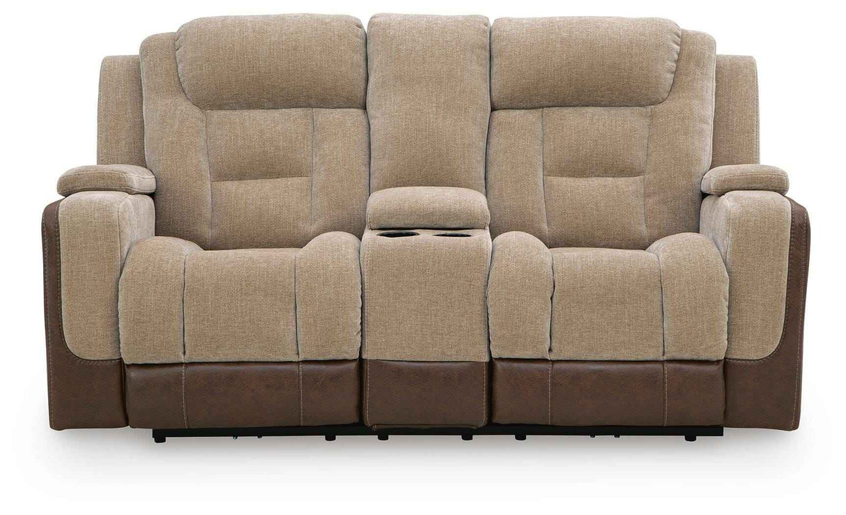 Mixed Motion Brownstone Power Reclining Loveseat with Console by Ashley at Eve Furniture