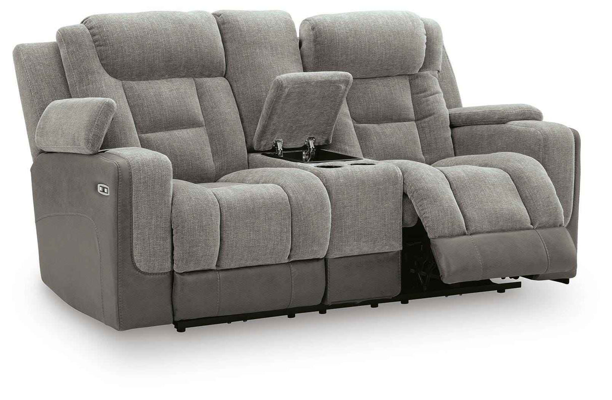 Mixed Motion Shadow Power Reclining Loveseat with Console by Ashley at Eve Furniture