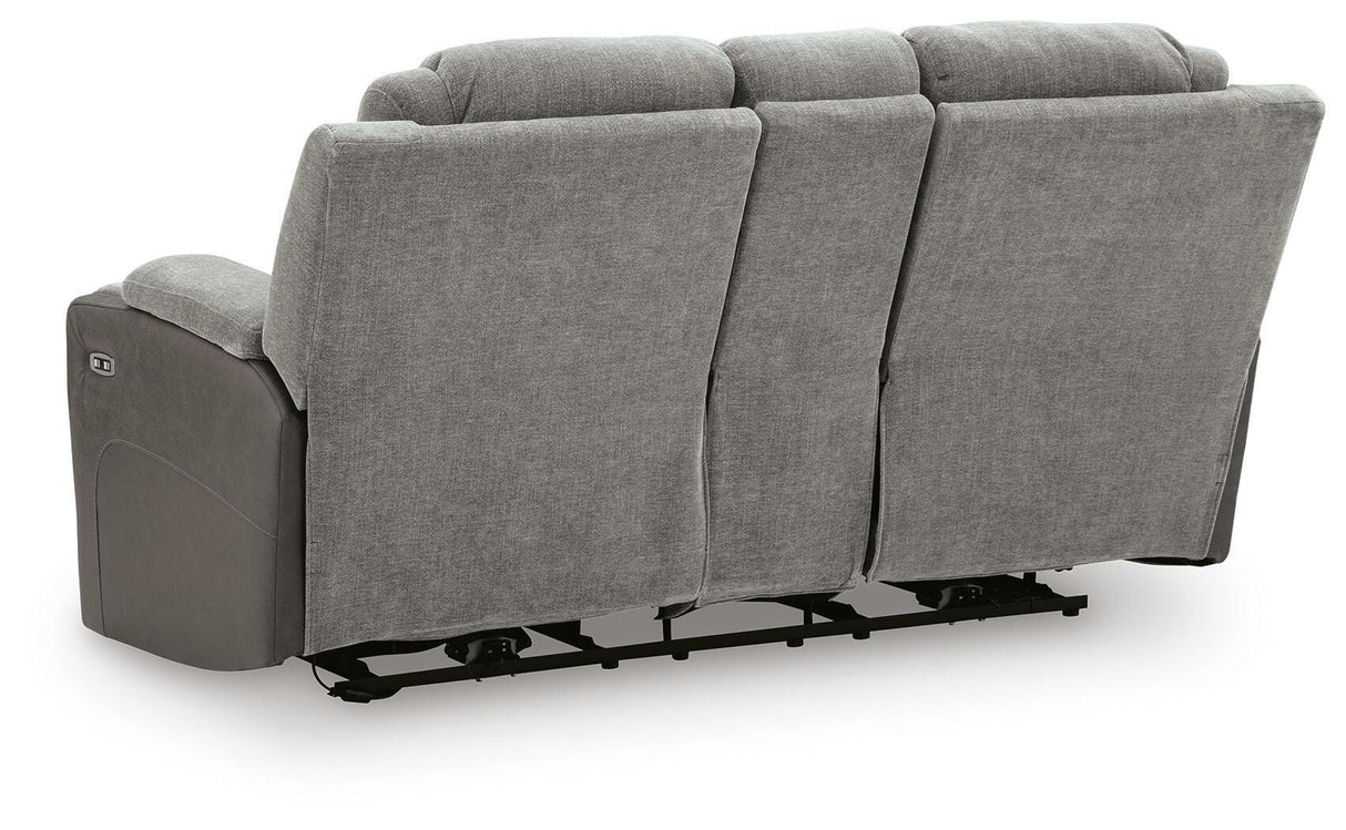 Mixed Motion Shadow Power Reclining Loveseat with Console by Ashley at Eve Furniture