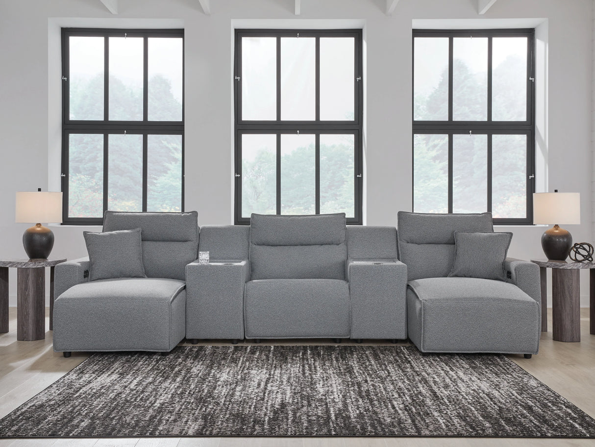 Modmax II Salt and Pepper 5-Piece Double Chaise Power Reclining Modular Sectional with 2 Consoles by Ashley at Eve Furniture
