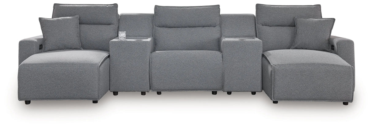 Modmax II Salt and Pepper 5-Piece Double Chaise Power Reclining Modular Sectional with 2 Consoles by Ashley at Eve Furniture