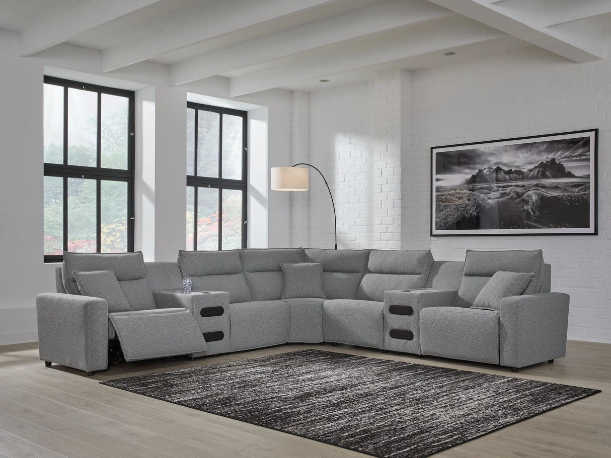 Modmax II Salt and Pepper 7-Piece Power Reclining Sectional with 2 Audio Consoles by Ashley at Eve Furniture