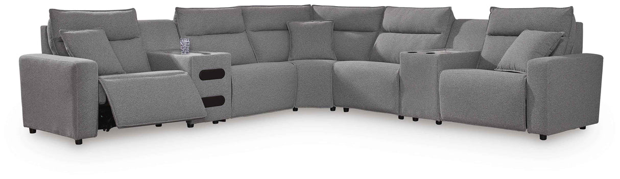Modmax II Salt and Pepper 7-Piece Power Reclining Sectional with Audio Consoles by Ashley at Eve Furniture