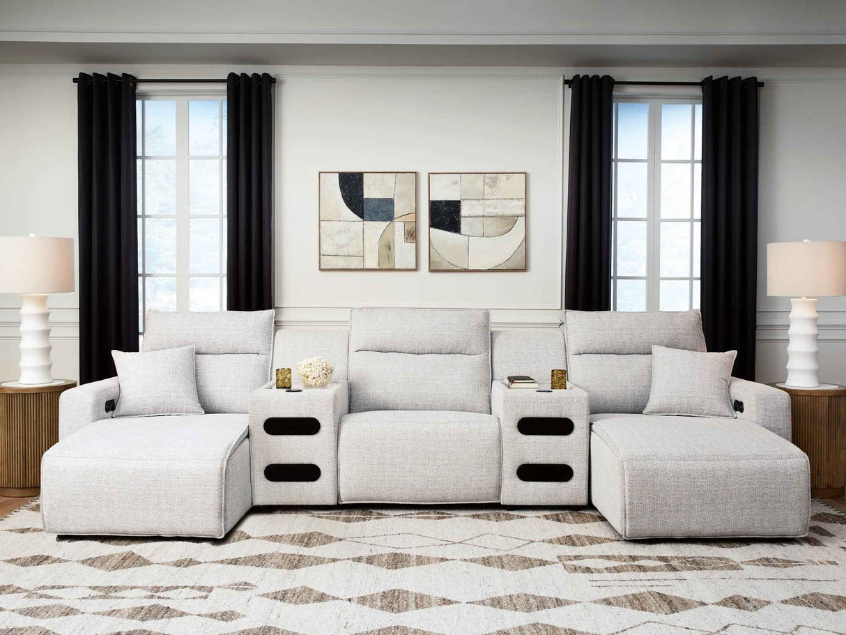 ModMax II Stone 5-Piece Power Reclining Sectional with Chaise and Audio Consoles by Ashley at Eve Furniture