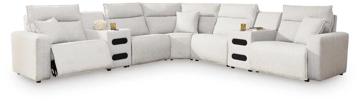 ModMax II Stone 7-Piece Power Reclining Sectional with Chaise and Audio Consoles by Ashley at Eve Furniture