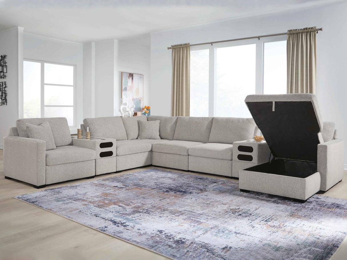 ModMax Luxe Flint 8-Piece Sectional with Storage Chaise and Audio Consoles by Ashley at Eve Furniture