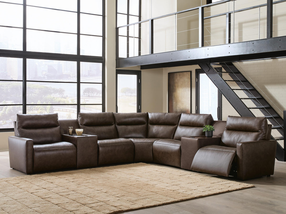 ModZ Chocolate 7-Piece Power Reclining Sectional with Audio Consoles by Ashley at Eve Furniture