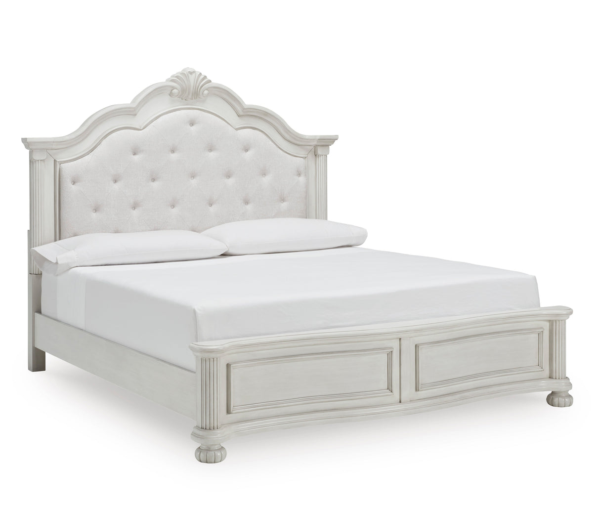 Montelaine Antique White California King Upholstered Panel Bed by Ashley at Eve Furniture