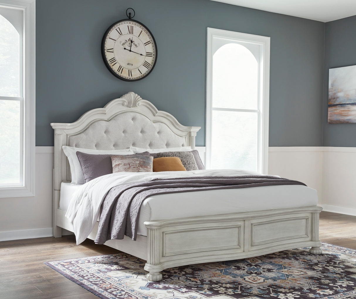 Montelaine Antique White California King Upholstered Panel Bed by Ashley at Eve Furniture