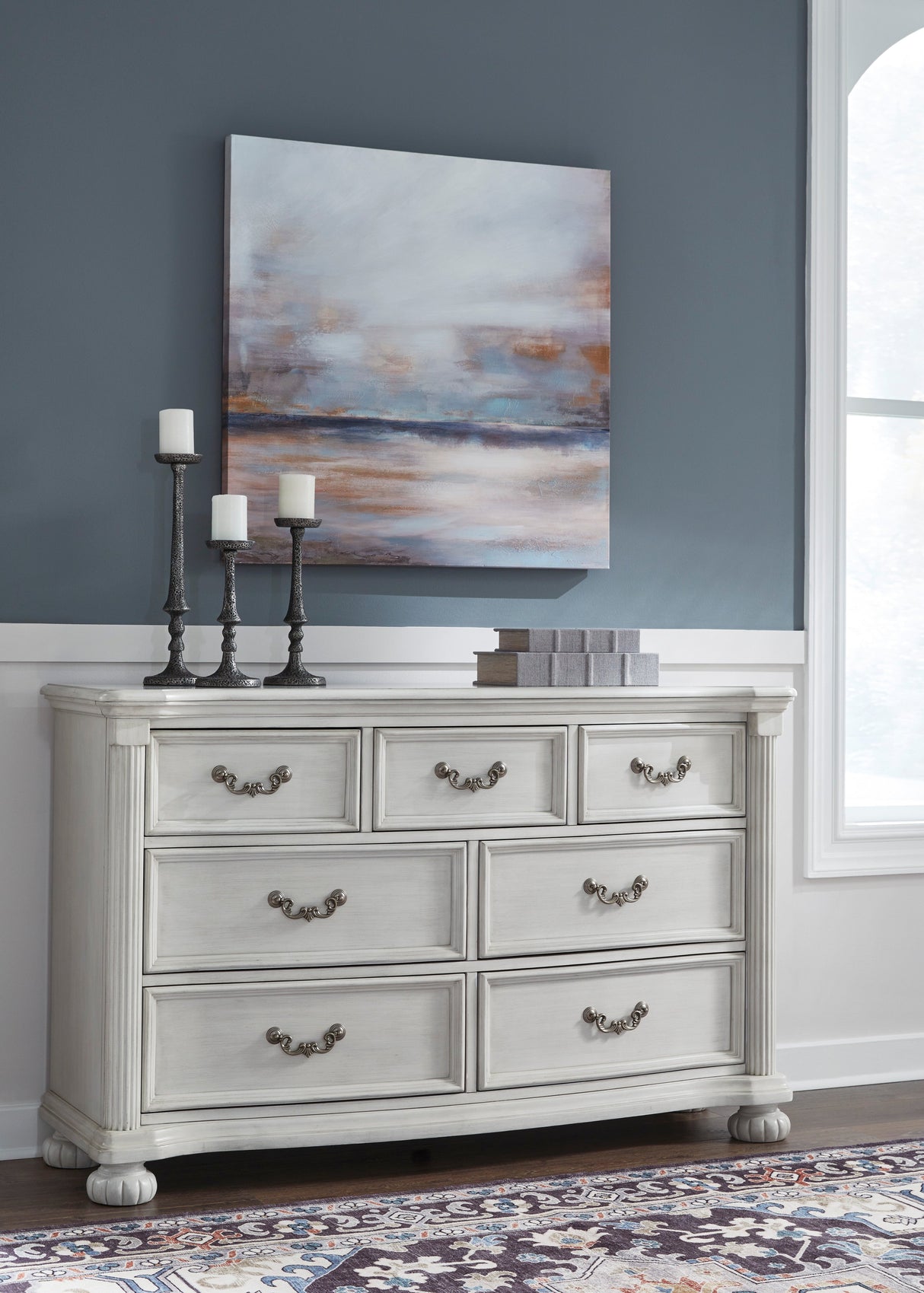 Montelaine Antique White Upholstered Panel Bedroom Set by Ashley at Eve Furniture