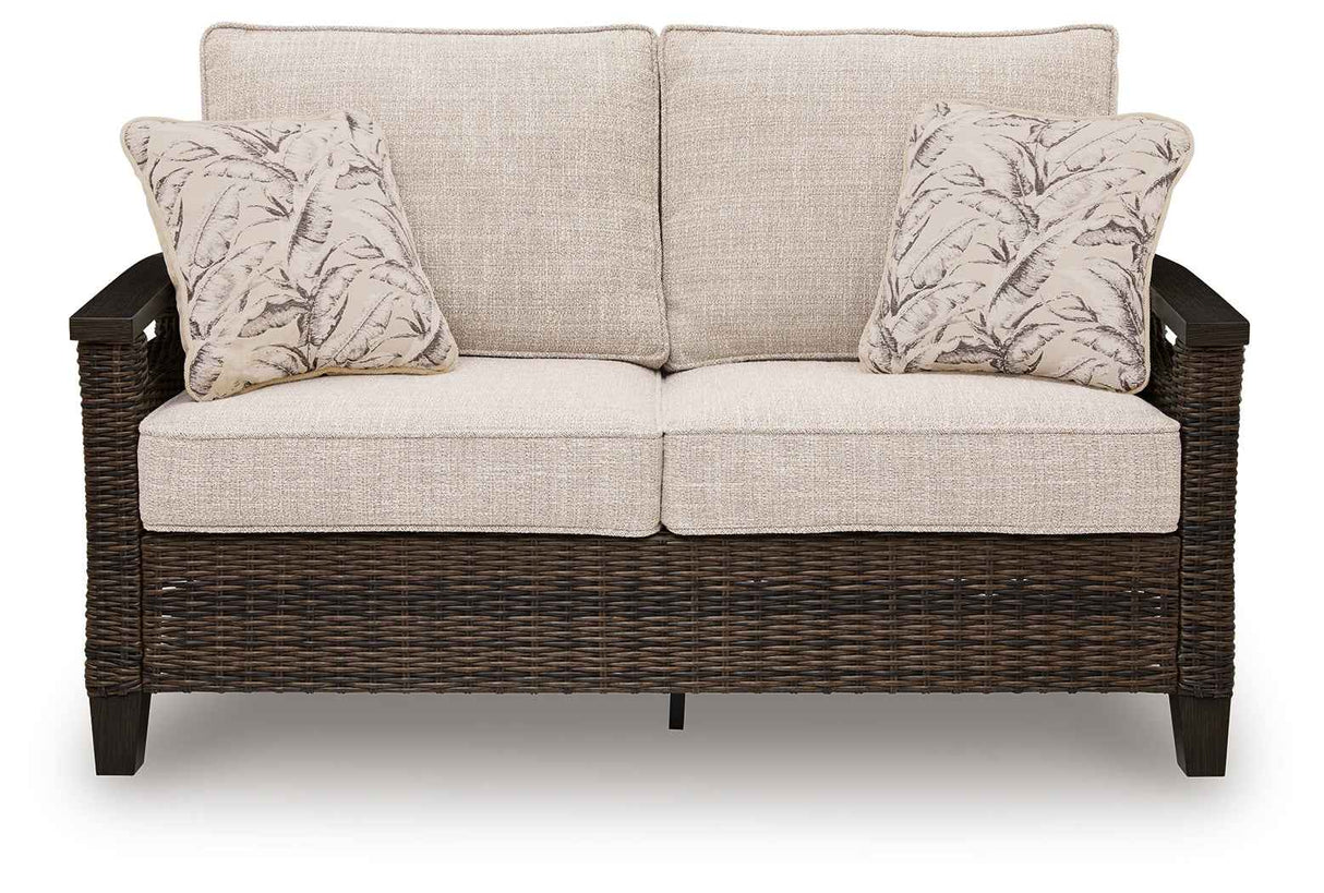 Monterey Point Dark Brown Outdoor Loveseat with Cushion by Ashley at Eve Furniture