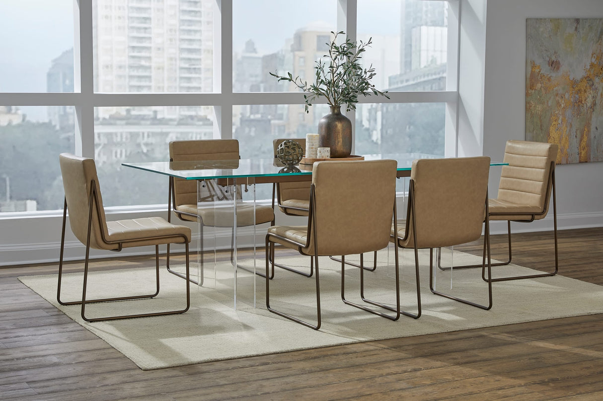 Moorea Clear/Glass/Bronze Double Pedestal Rectangular Dining Table by Modus Furniture at Eve Furniture