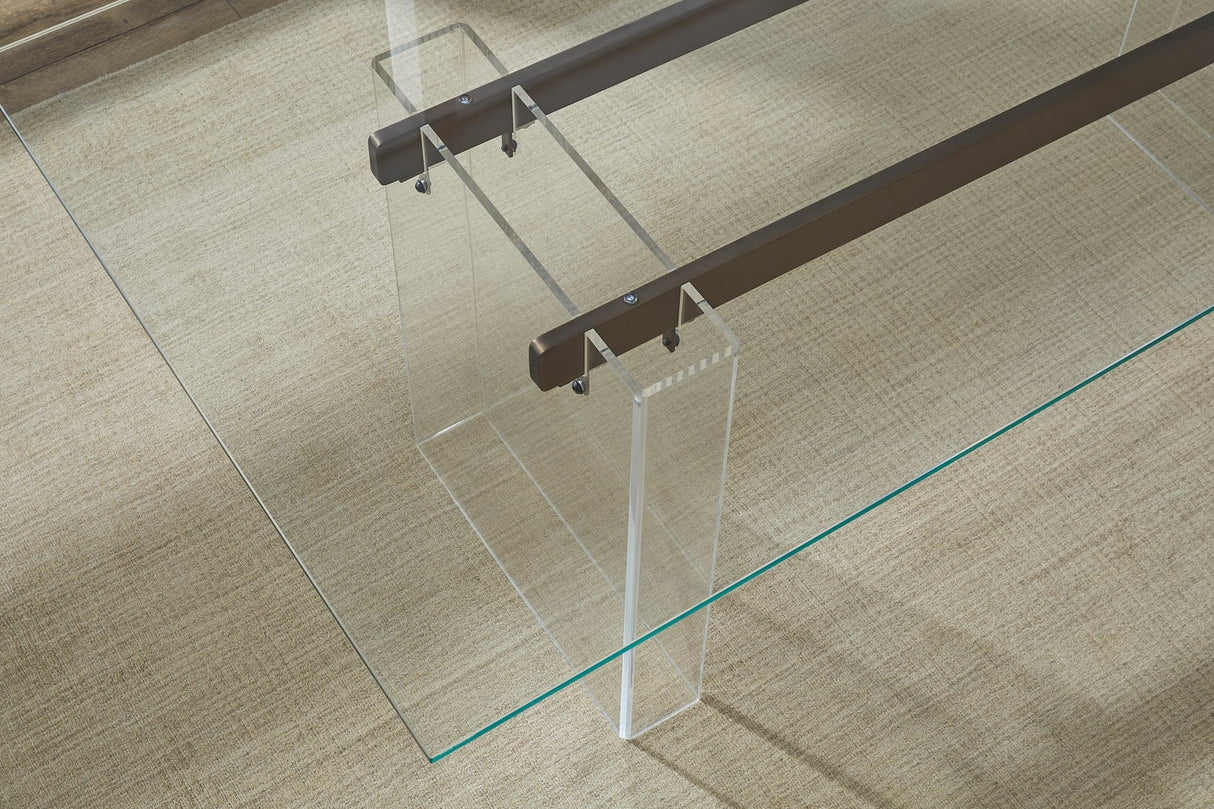 Moorea Clear/Glass/Bronze Double Pedestal Rectangular Dining Table by Modus Furniture at Eve Furniture