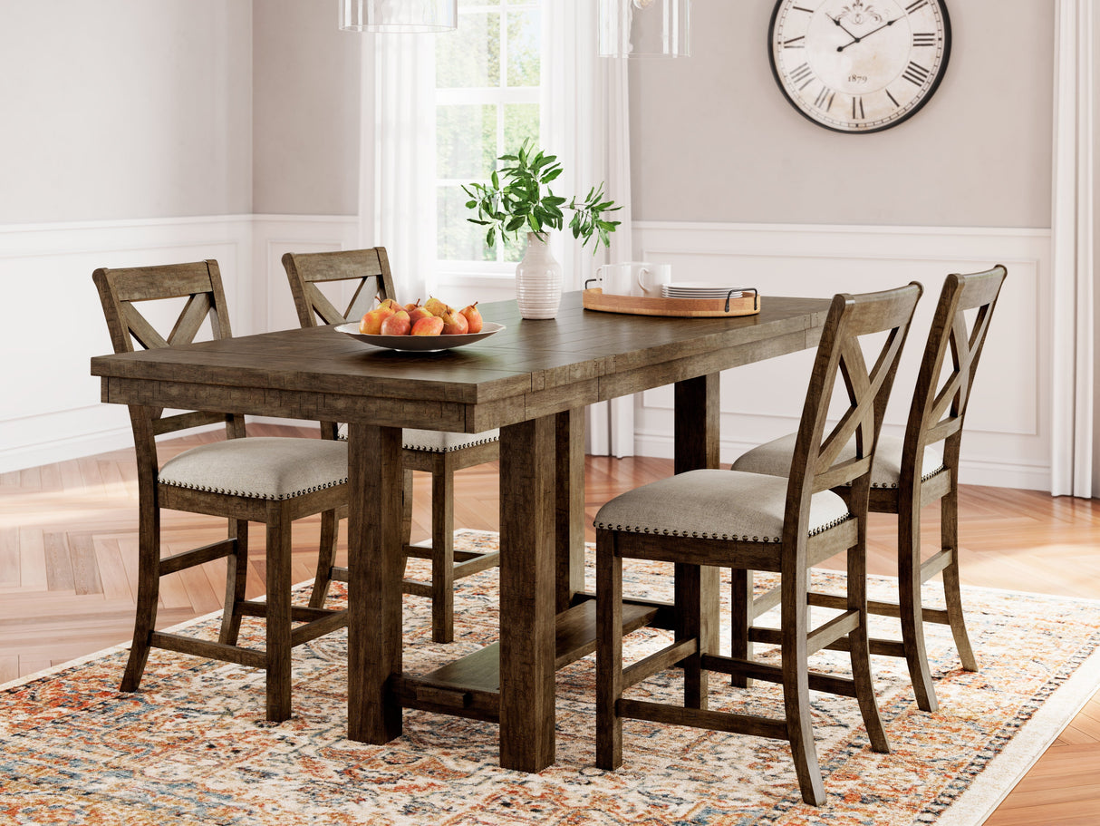 Moriville Grayish Brown Counter Height Dining Table and 4 Barstools by Ashley at Eve Furniture