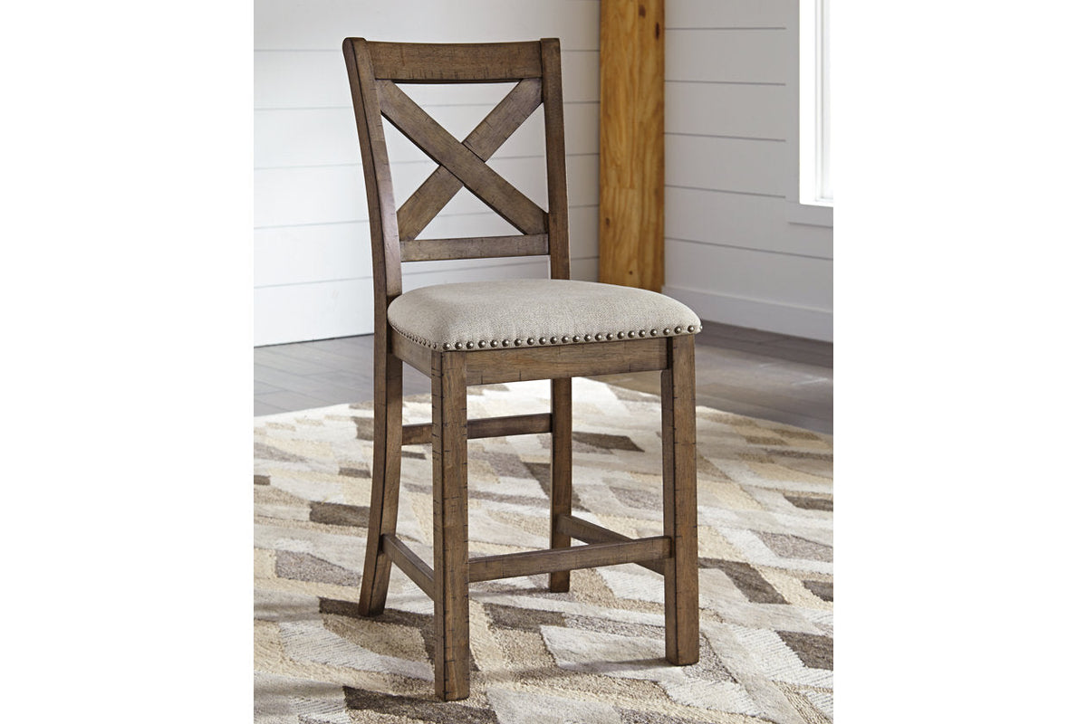 Moriville Grayish Brown Counter Height Dining Table and 6 Barstools by Ashley at Eve Furniture