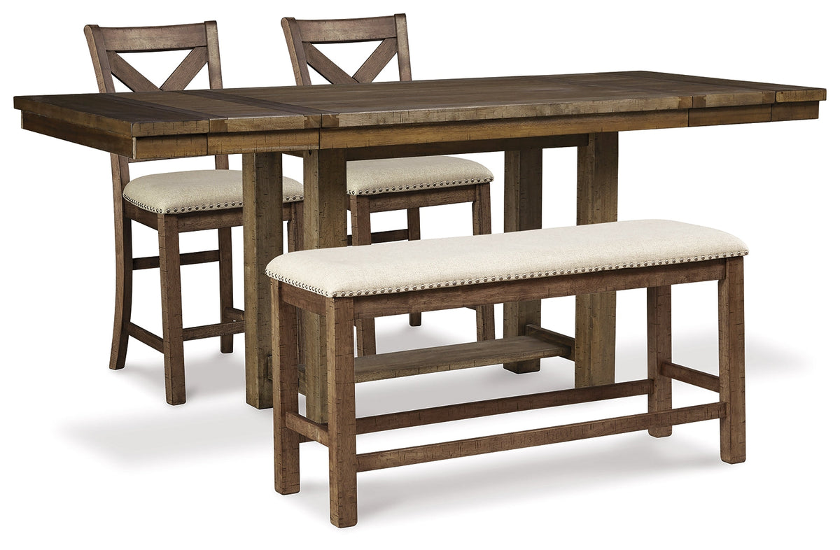 Moriville Grayish Brown Counter Height Dining Table with 4 Barstools and Bench by Ashley at Eve Furniture