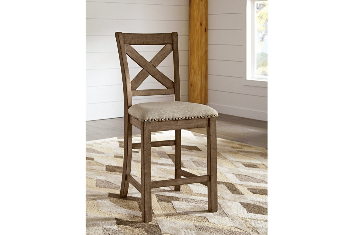 Moriville Grayish Brown Counter Height Dining Table with 4 Barstools and Bench by Ashley at Eve Furniture