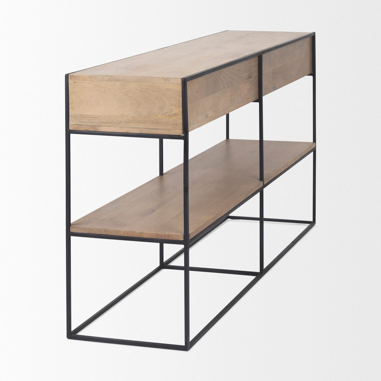 Morris 63.0L x 15.0W x 31.0H Beige Wood w/ Black Metal Frame 2 Drawer Console Table by Mercana at Eve Furniture