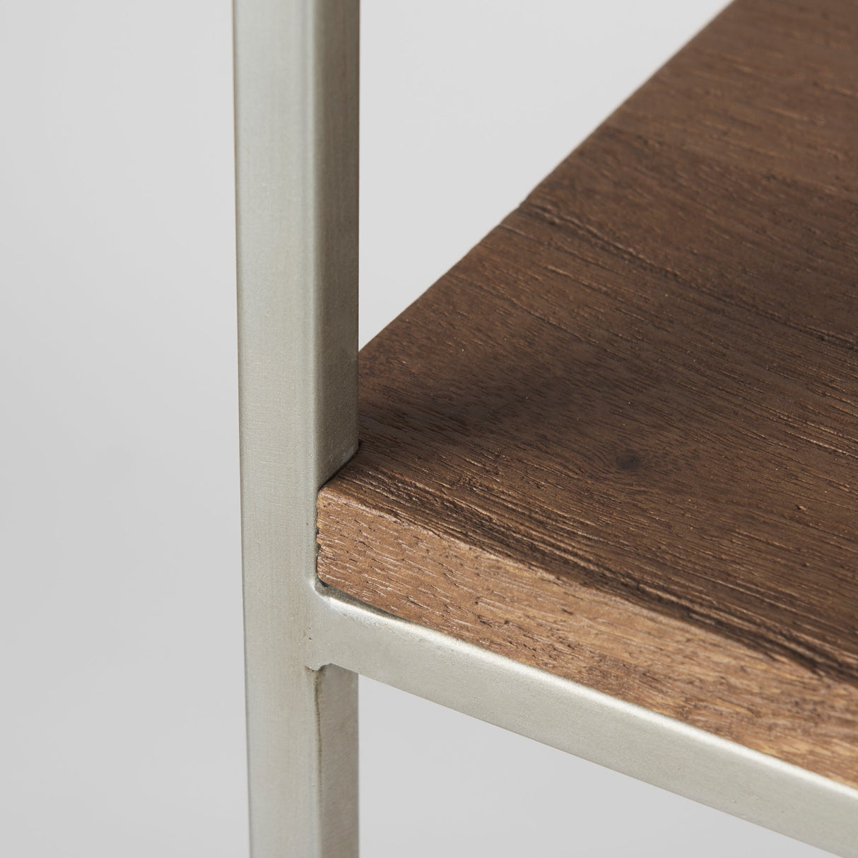 Morris II Brown Wood and Silver Metal Frame 4 Shelf Shelving Unit by Mercana at Eve Furniture
