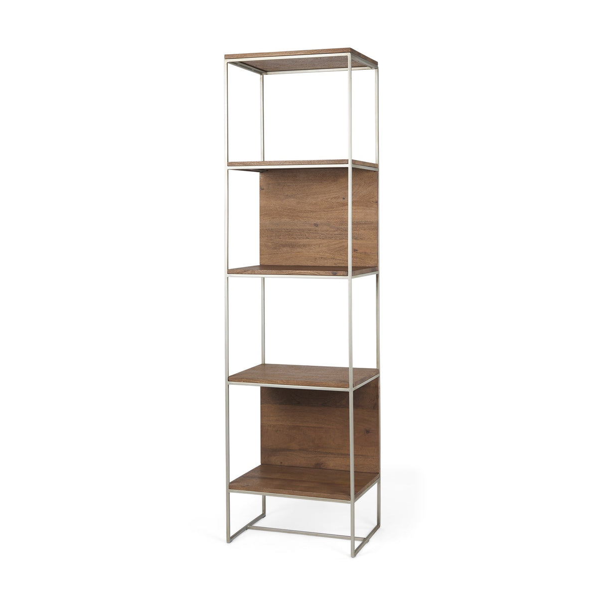 Morris II Brown Wood and Silver Metal Frame 4 Shelf Shelving Unit by Mercana at Eve Furniture