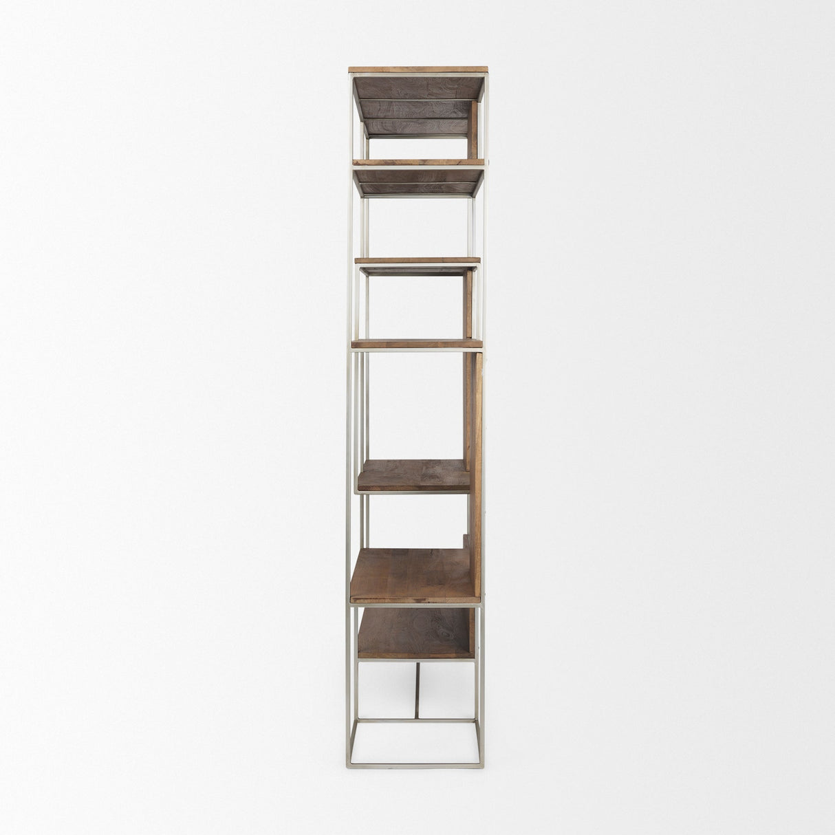 Morris III Brown Wood and Silver Metal Frame 6 Shelf Shelving Unit by Mercana at Eve Furniture