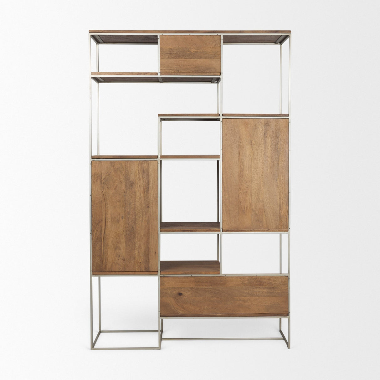 Morris III Brown Wood and Silver Metal Frame 6 Shelf Shelving Unit by Mercana at Eve Furniture