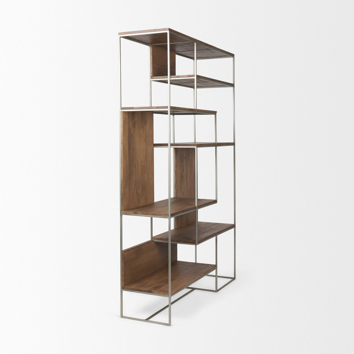 Morris III Brown Wood and Silver Metal Frame 6 Shelf Shelving Unit by Mercana at Eve Furniture