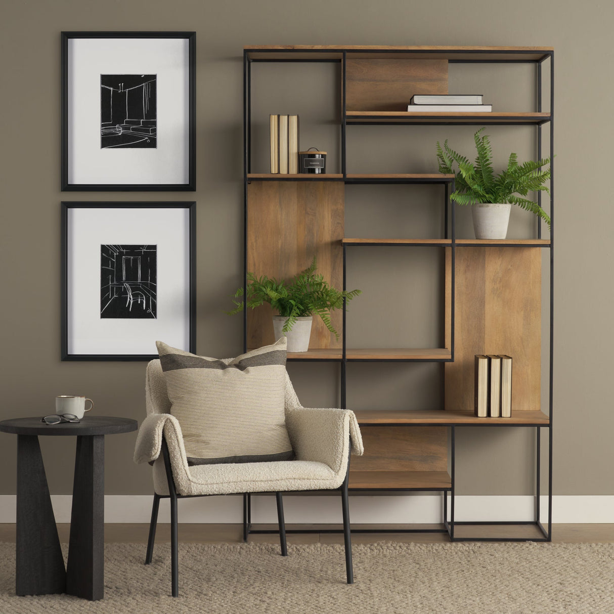 Morris Light Brown Wood w/ Black Metal Frame 6-Tier Shelving Unit by Mercana at Eve Furniture