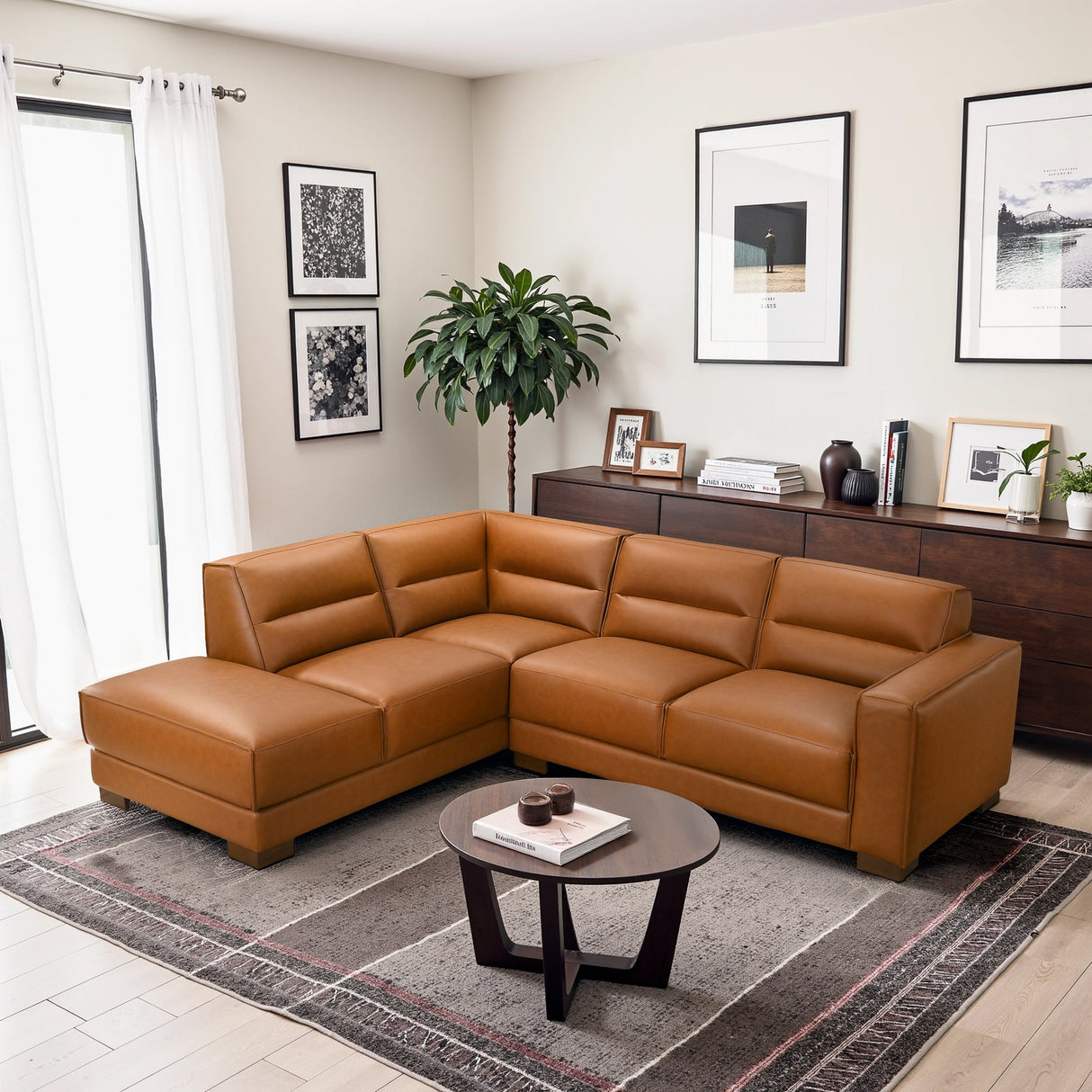 Muncie L-Shaped Sofa with Plush Cushions & Walnut Wood Legs by Ashcroft Imports at Eve Furniture