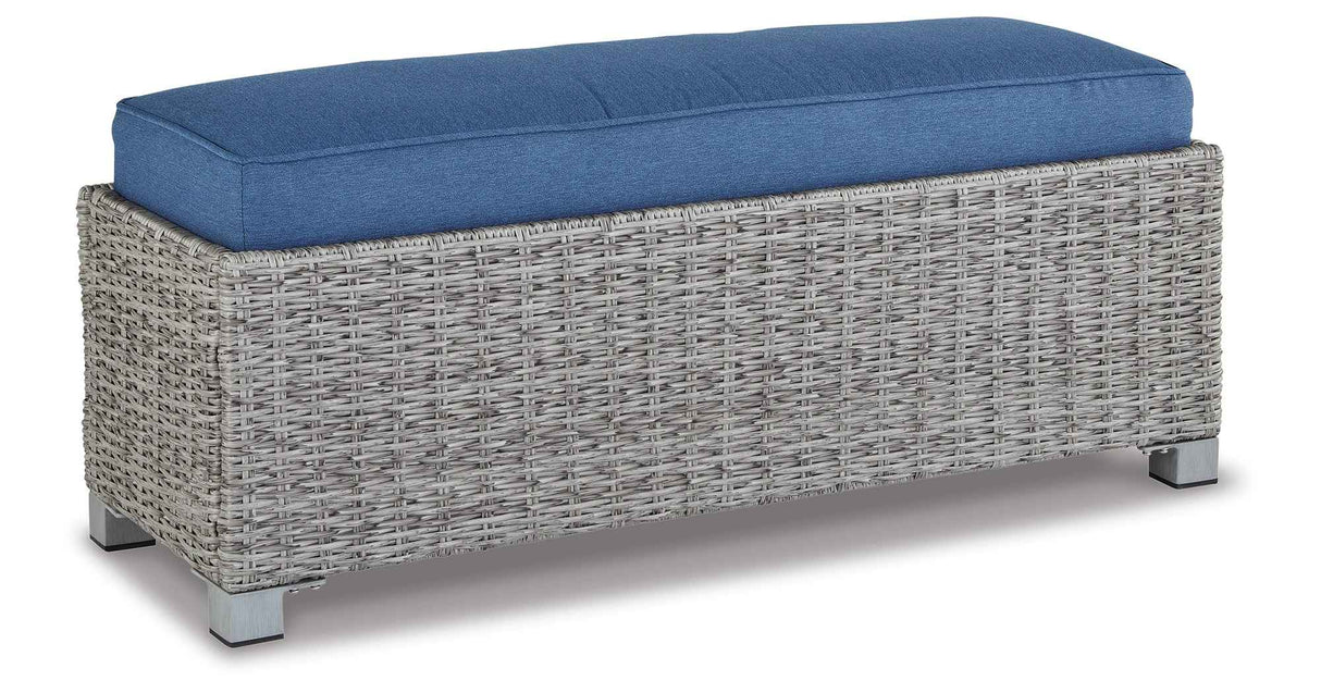 Naples Beach Light Gray Outdoor Bench with Cushion by Ashley at Eve Furniture