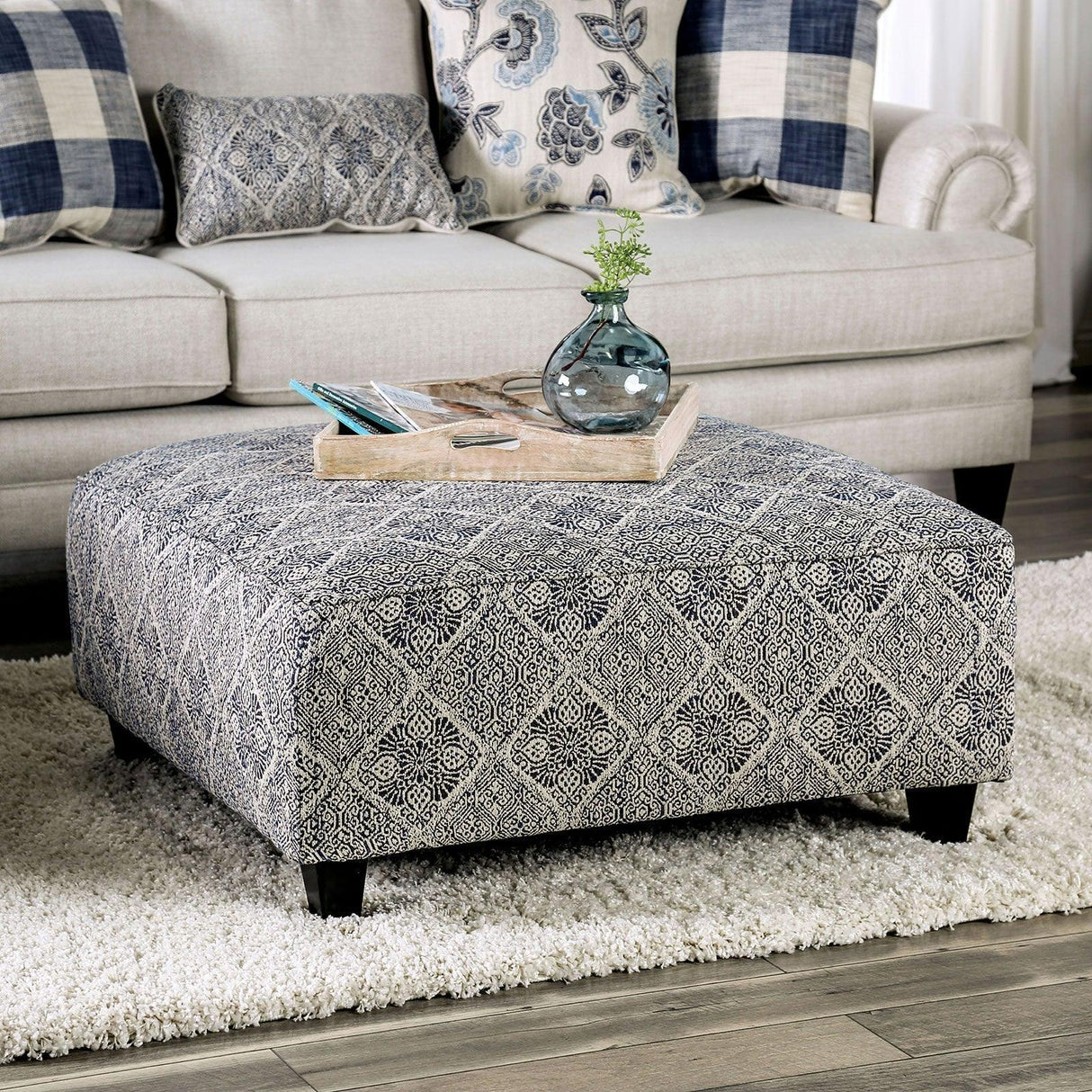 Nash Ivory/Navy Ottoman by Furniture of America at Eve Furniture