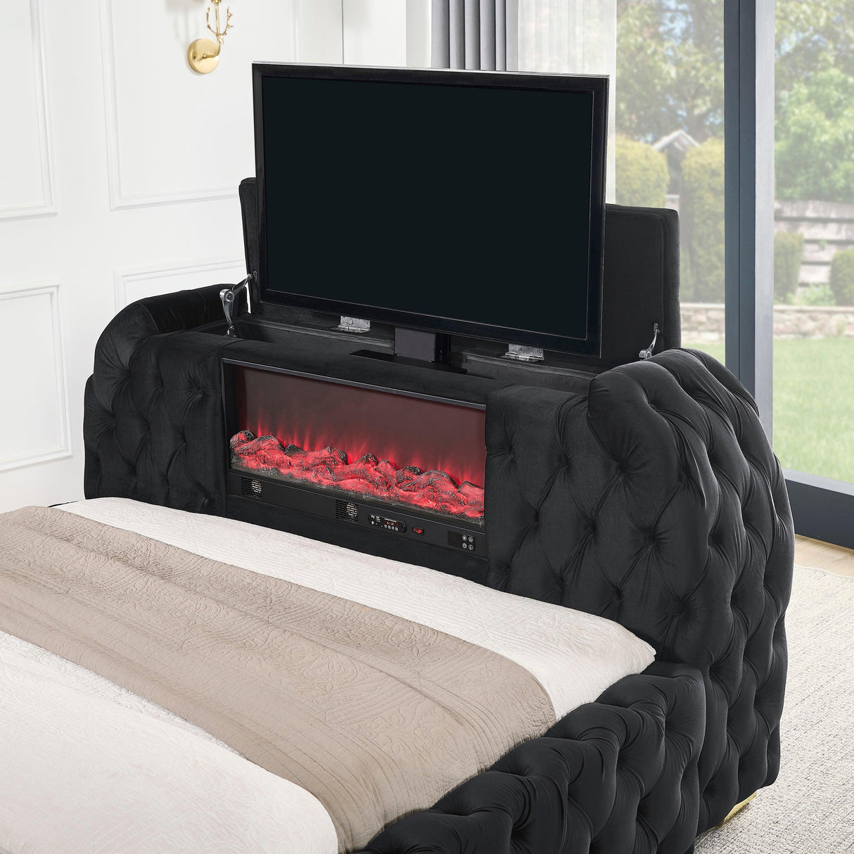 Natalia Black King Upholstered Fireplace Bed with TV Lift by Crown Mark at Eve Furniture
