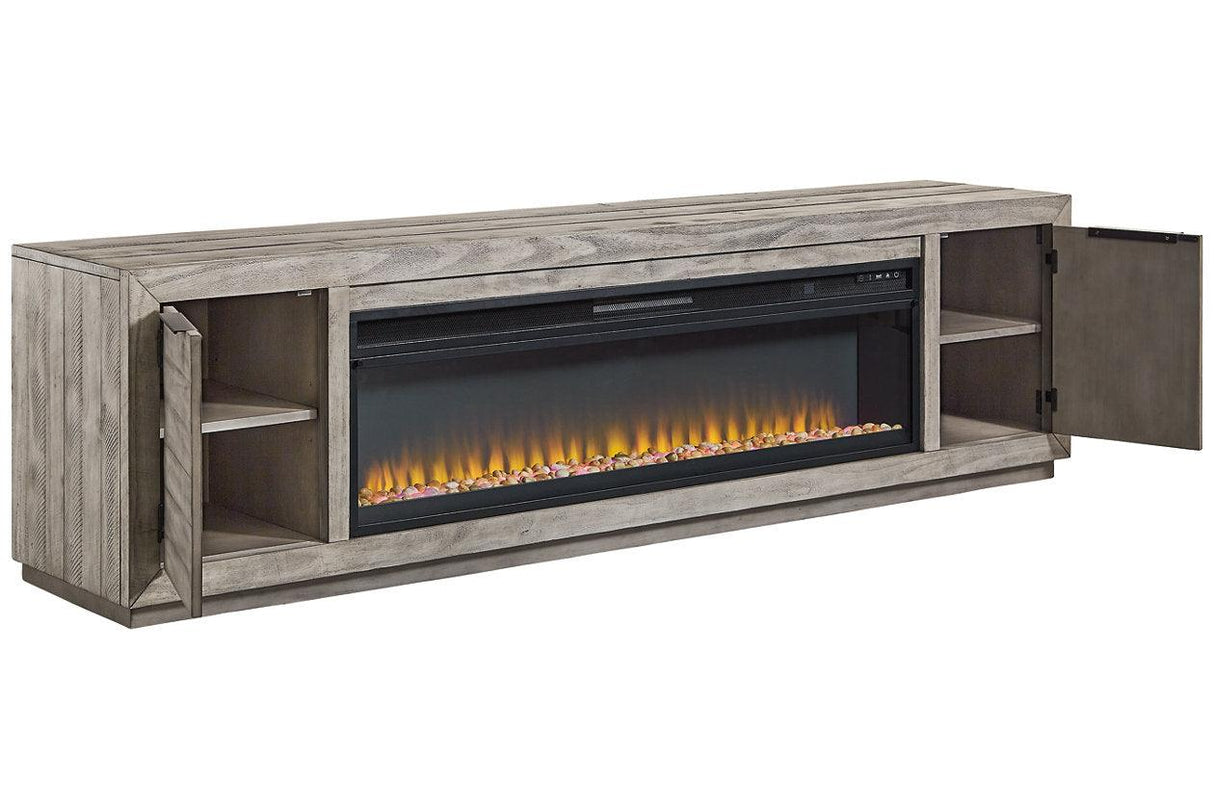 Naydell Gray 92" TV Stand with Electric Fireplace by Ashley at Eve Furniture