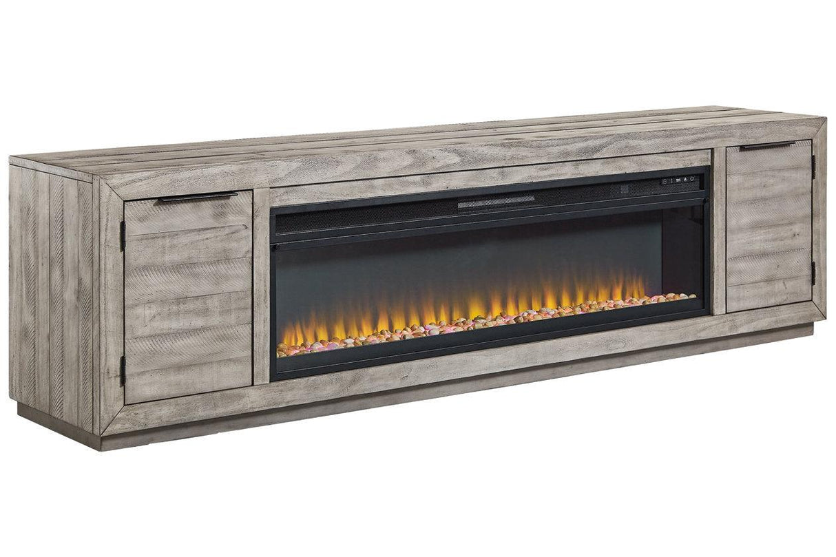 Naydell Gray 92" TV Stand with Electric Fireplace by Ashley at Eve Furniture