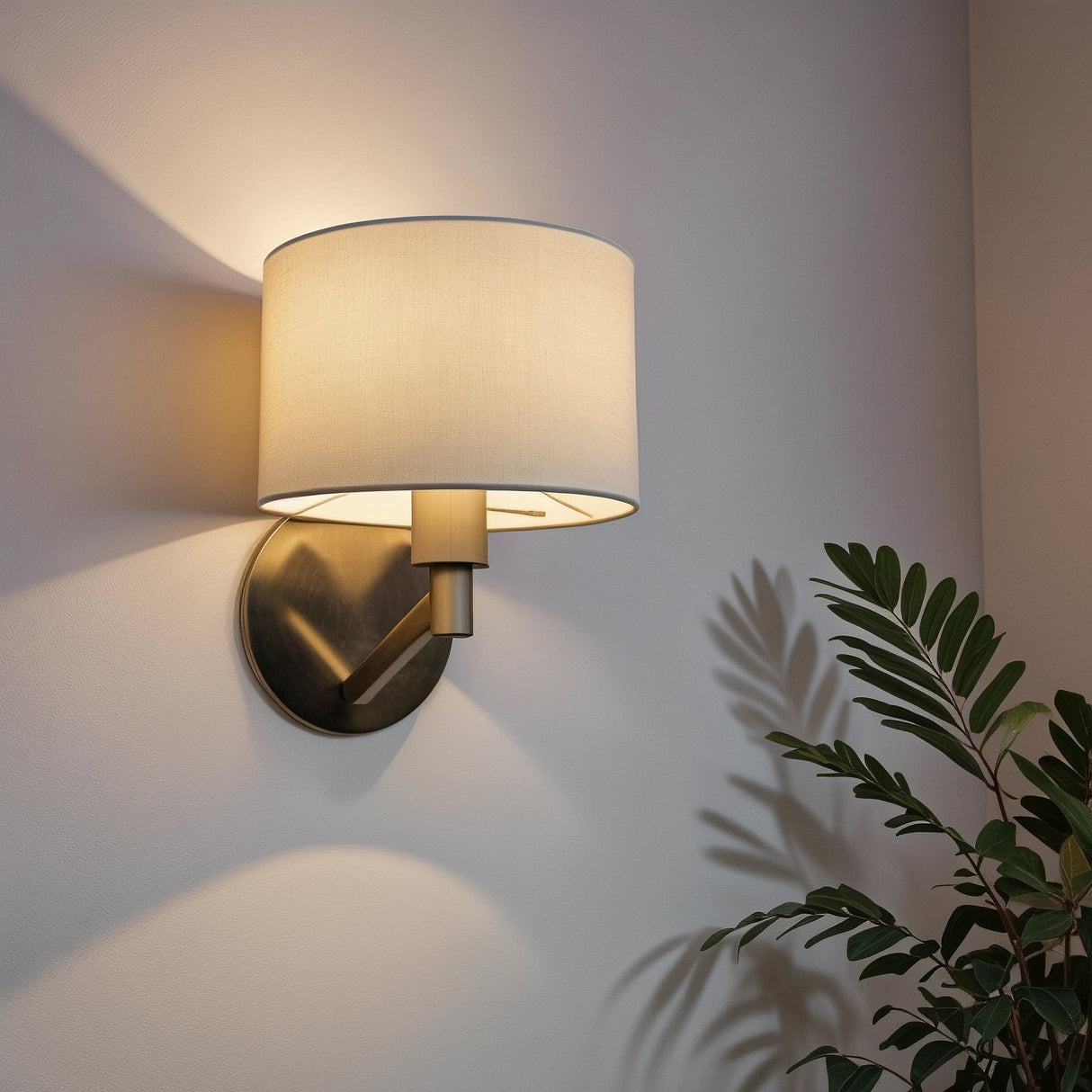 Nebula Brushed Nickel Base Wall Lamp with Rotary Switch White Fabric Shade by Ashcroft Furniture at Eve Furniture