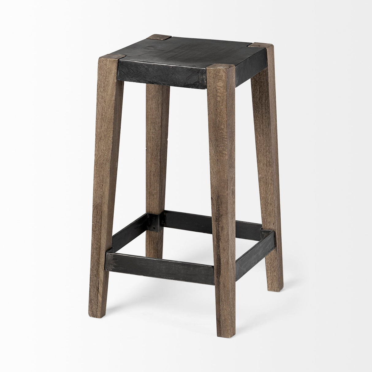 Nell Black Metal Seat & Foot Rest With Brown Wood Legs Stool by Mercana at Eve Furniture