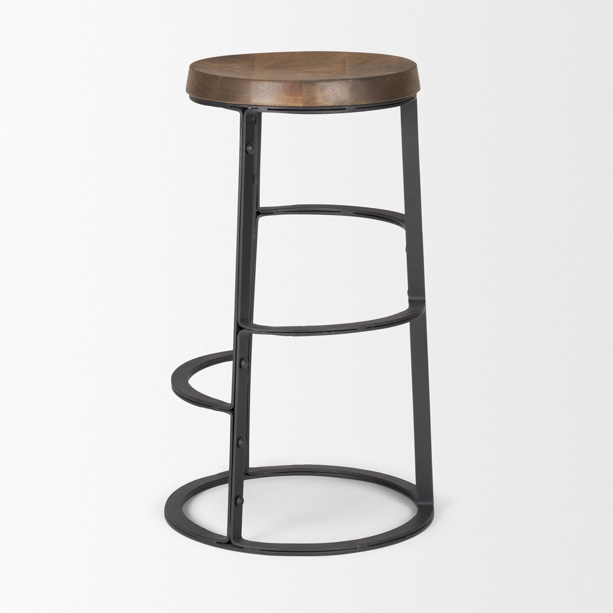 Neo 26.3" Seat Height Brown Wood Seat Black Metal Frame Stool by Mercana at Eve Furniture