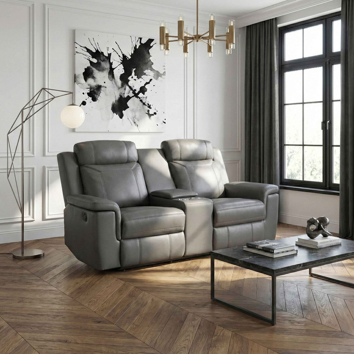 Nest Dark Gray Double Reclining Loveseat with Center Console by Homelegance at Eve Furniture