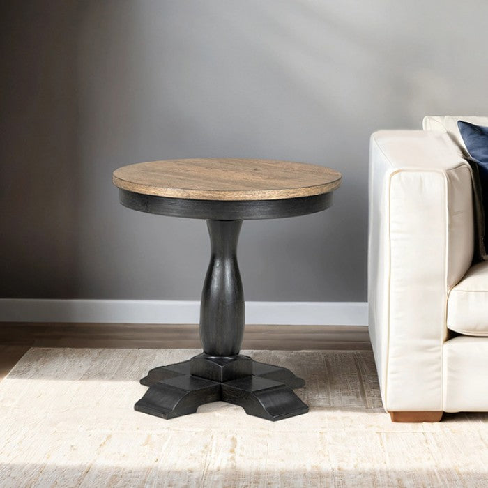 Neue Mills Weathered Black/Brown Round End Table by Furniture of America at Eve Furniture