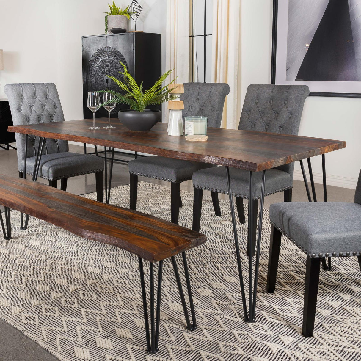 Neve Sheesham Gray/Gunmetal Live-edge Dining Table with Hairpin Legs by Coaster at Eve Furniture