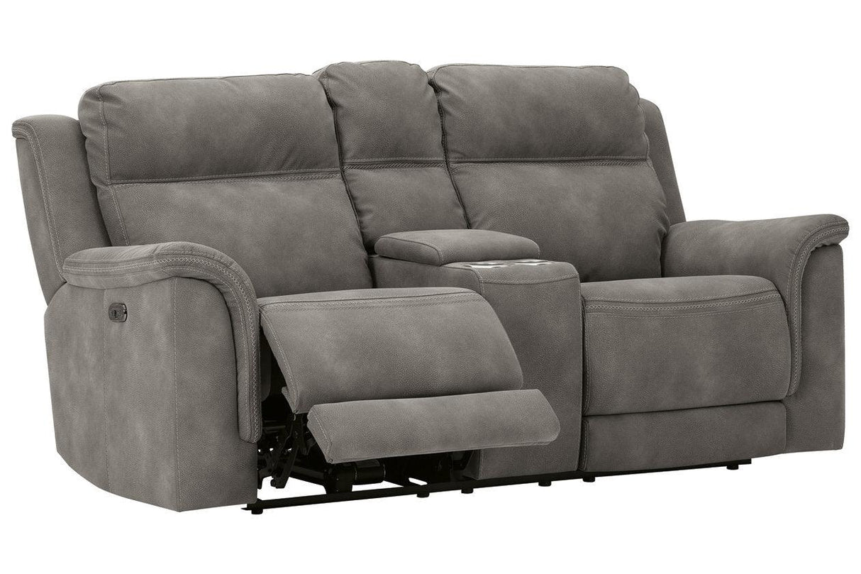 Next-Gen DuraPella Slate Dual Power Reclining Loveseat with Console by Ashley at Eve Furniture