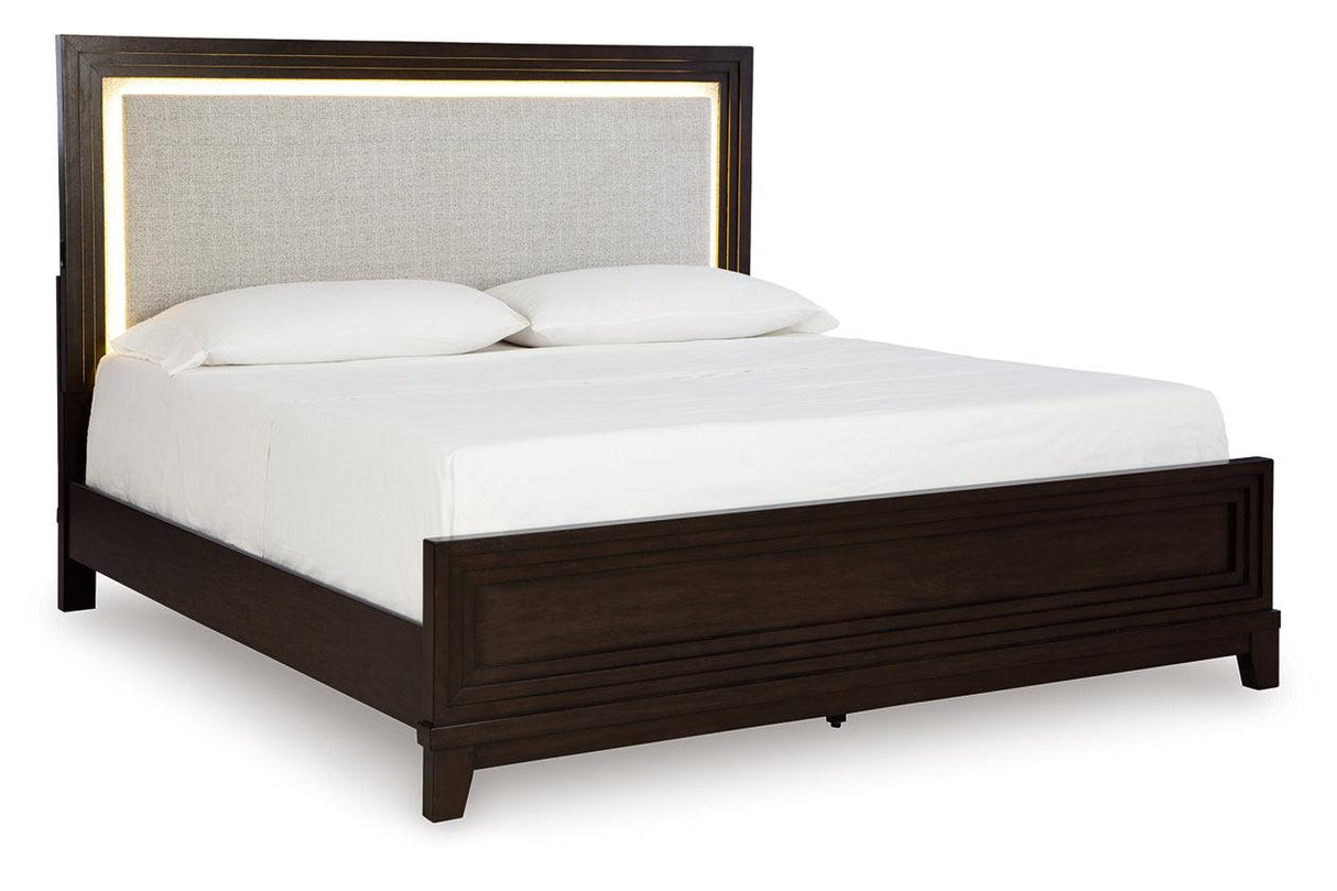 Neymorton Dark Grayish Brown Queen Upholstered Panel Bed by Ashley at Eve Furniture