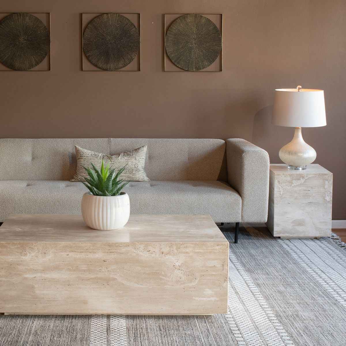 Nile 50" Drum Coffee Table in Travertine Stone by Home Trends & Design at Eve Furniture